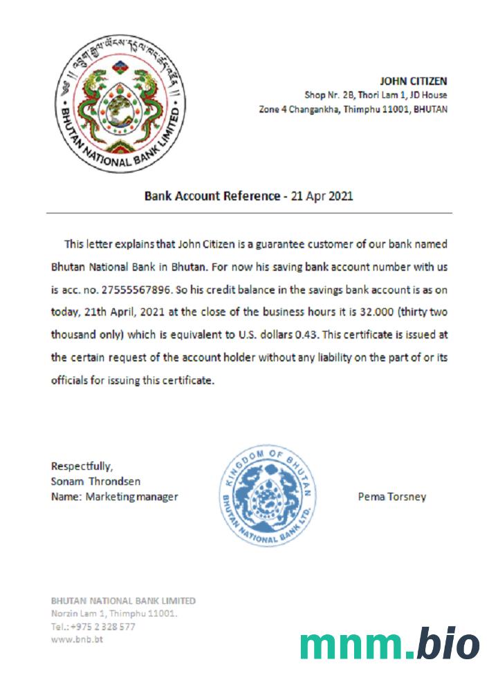 Przykład odniesienia Bhutan Bhutan National Bank w formatach Word i PDF